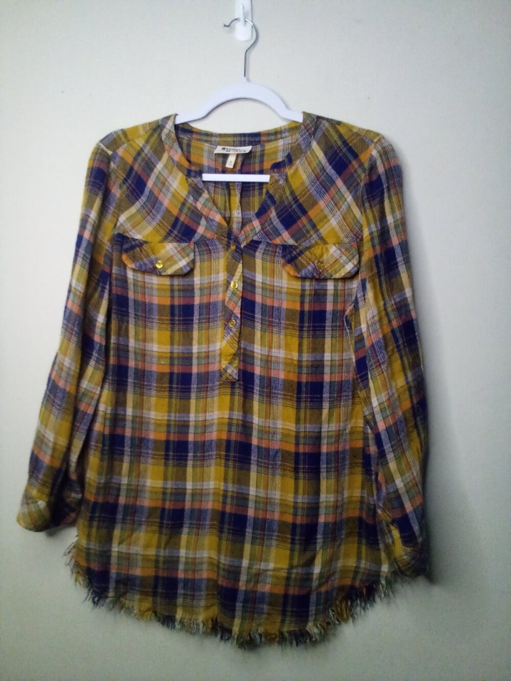 Hester & Orchard Shirt Women M 3/4 Sleeve Western Fringe Hem Plaid Yellow Blue